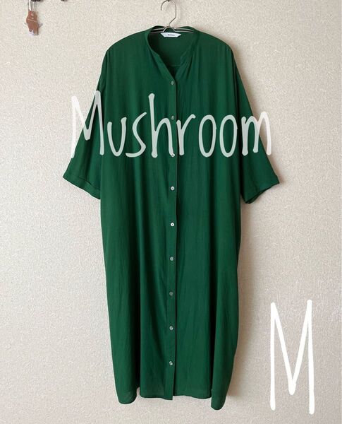 Mushroom マッシュルーム スキッパーシャツワンピース グリーン M レーヨン/麻ブレンド