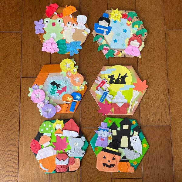 折り紙リース 壁面 6月7月8月9月10月 梅雨 七夕 夏 秋 お月見 ハロウィン 保育
