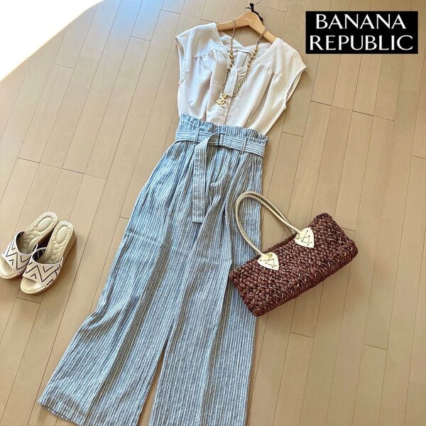 BANANA REPUBRIC タックワイドパンツリネンストライプブルー