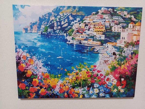花とアマルフィ海岸 風景画 油彩画 抽象画 キャンバスアート フレーム付き