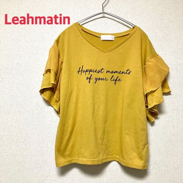 Leahmatin フリル袖 Tシャツ Mサイズ マスタードイエロー 黄色 Vネック