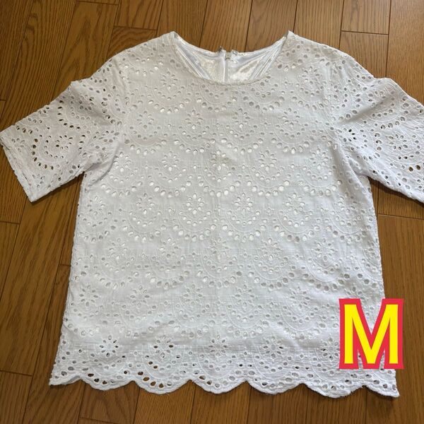 木綿 カットソートップス 半袖 白 GU 綿レース レースブラウス ブラウス TシャツM