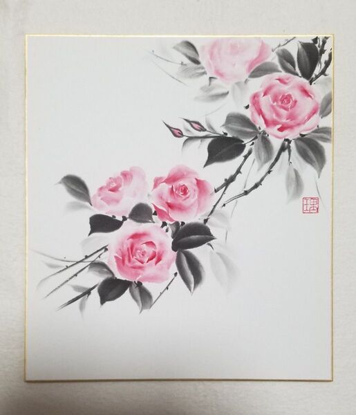 水墨画 色紙 バラ 原画 新品