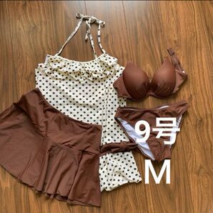 9号M ビキニ タンキニ4点セット ドットブラウン セパレート水着 ホルター 60s70s80s ホルダーネックモダン