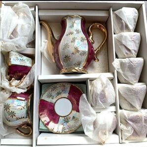 レトロ コーヒーセット17ピース ティーカップソーサー花柄金箔ティーセット 金彩 ティーポット シュガーポット