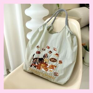 ボールアンドチェーン 刺繍エコバッグ トートバッグ 猫 チョコ グレージュ ベージュ