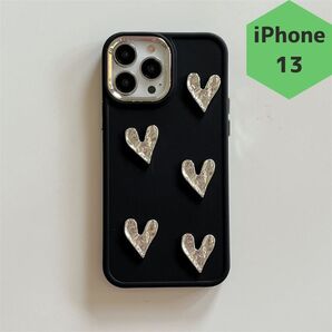 新品 iPhone13 スマホケース ぷっくり ハート かわいい 韓国 ブラック