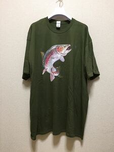 USA古着 フライフィッシングTシャツ ニジマス Tシャツ 半袖Tシャツ GILDAN カーキ/緑 2XL アウトドア