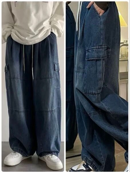 デニムカーゴパンツ ワイドパンツ ドローコード ブルー XL 男女兼用 ユニセックス