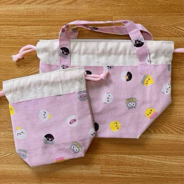 お弁当袋 & コップ袋 小鳥柄 ピンク ハンドメイド ランチバッグ