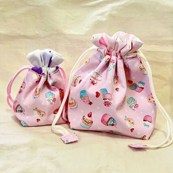 お弁当袋 & コップ袋 カップケーキ柄 ピンク ハンドメイド ランチバッグ