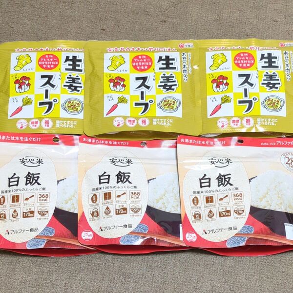 宝食品 生姜スープ160g×3袋★アルファ化米 安心米 白飯100g×3袋 非常食 保存食 アウトドア