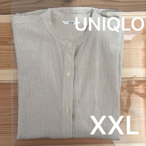 ユニクロ リネンブレンドバンドカラーシャツ ストライプ 7分袖 BEIGE ベージュ XXL UNIQLO 【未着用】