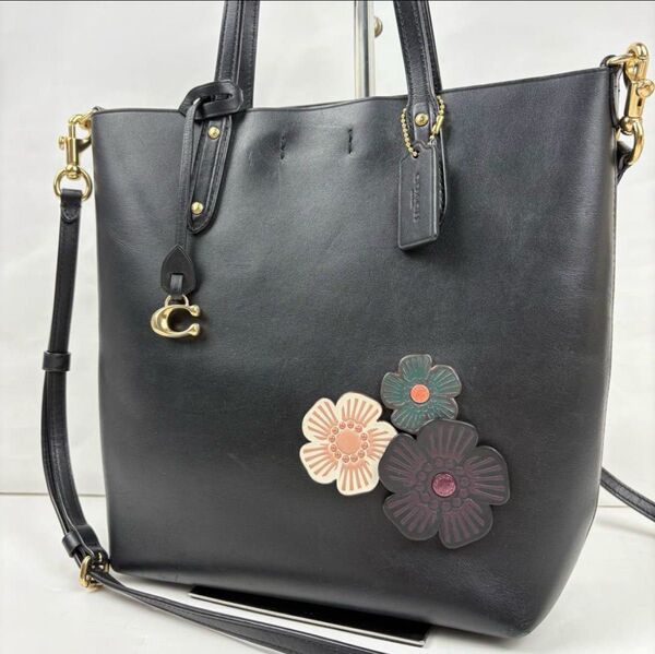 美品 COACH コーチ セントラル ショッパー ティーローズ 2way ショルダーバッグ トートバッグ ハンドバッグ レザー 黒