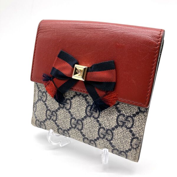 GUCCI グッチ 435291 シェリーライン GG柄 PVC×レザー リボン 二つ折り 財布 ウォレット レッド系×ネイビー