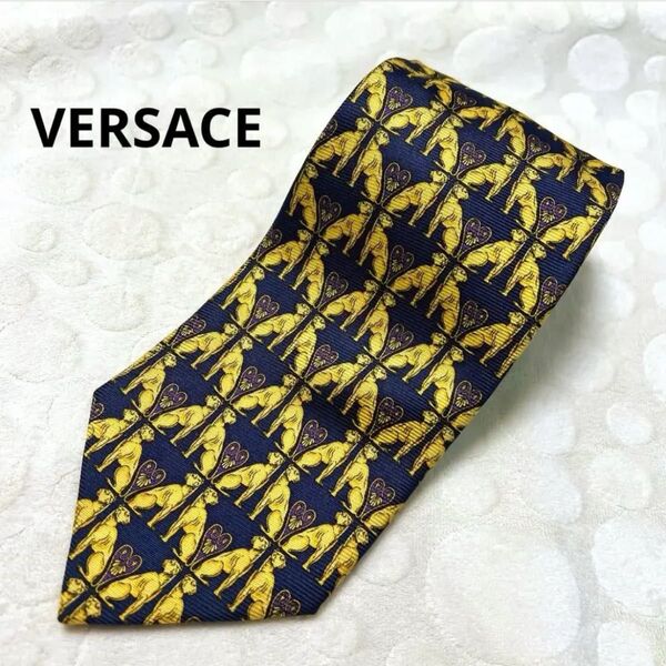 ヴェルサーチ VERSACE スカーフ柄 シルクネクタイ ネイビー ゴールド 総柄 紳士