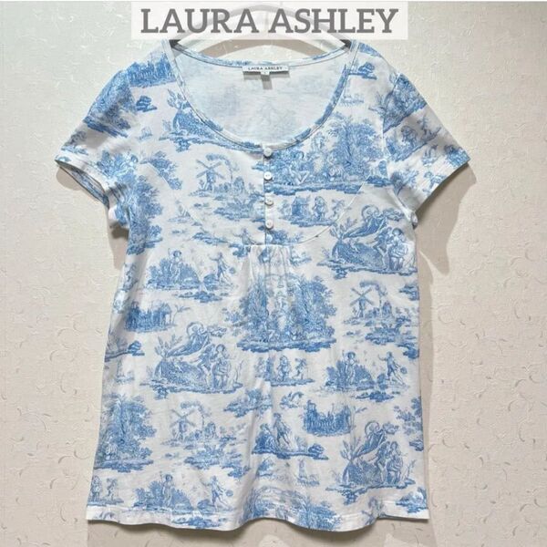 LAURA ASHLEY 前ボタン半袖シャツ 貴族王室風景画柄 白と青 綿100% カットソー Tシャツ トップス ホワイト