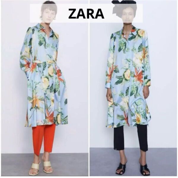 美品 ZARA ボタニカルロングワンピース フローラル ブラウス ワンピース シャツワンピース プリント