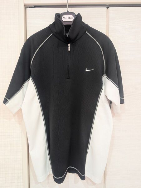 【美品】NIKE ナイキゴルフ ドライフィット DRY-FIT メンズハーフジップ半袖シャツ ブラック×ホワイト Lサイズ