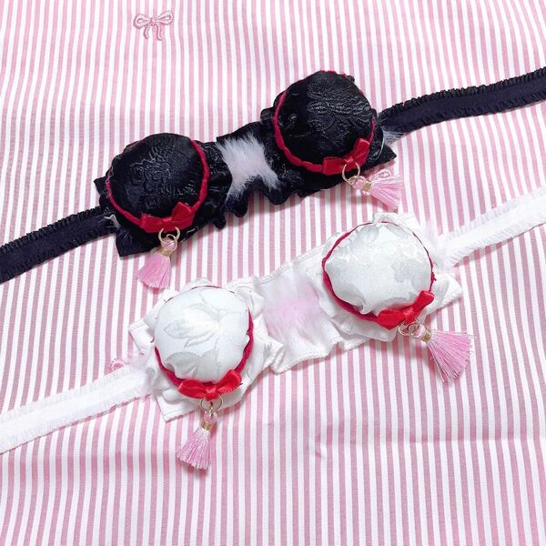ぬい服 チャイナヘッドドレス 黒×赤(ピンク) 白×赤(ピンク)