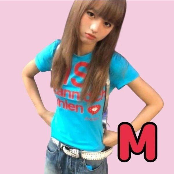 Tシャツ M ピチT y2k ブルー グランジ ギャル KISS 平成 青 半袖