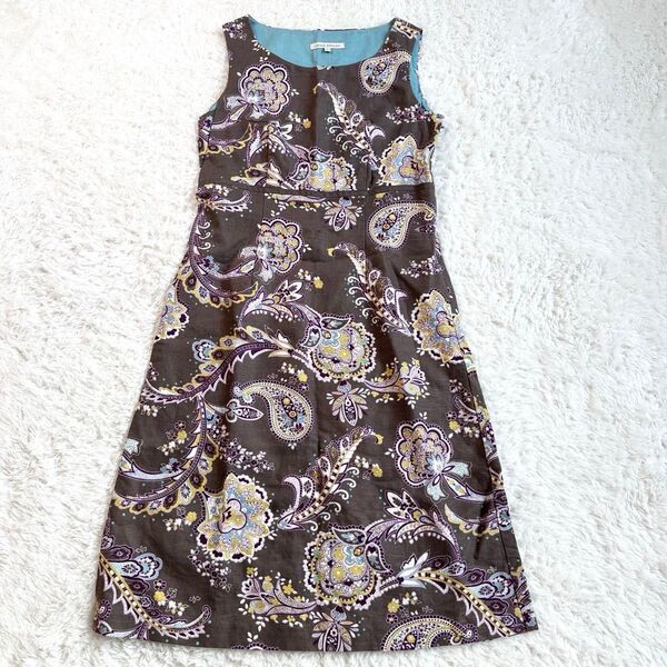 LAURA ASHLEY ローラアシュレイ ワンピース ノースリーブ 総柄 ペイズリー×花柄 麻×綿の上品素材 9サイズ M