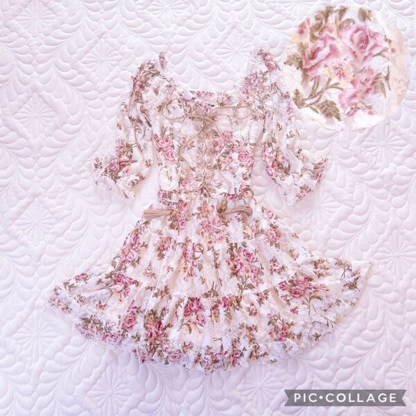 LIZLISA系 ローズ柄総レース 編み上げ ティアード ミニワンピ アイボリー