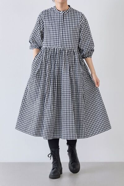 新品 BEARDSLEY 先染めギンガムチェックギャザーワンピース ロング 白黒