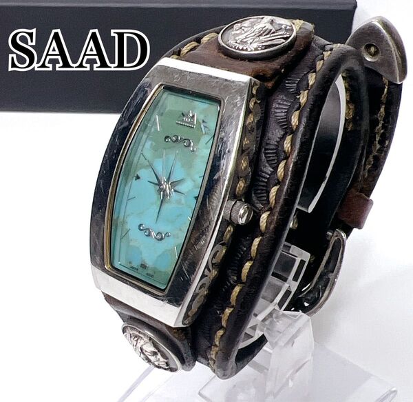 【希少】SAAD サード ターコイズ レザーウォッチ バングルタイプ トノー型 レザーベルト クオーツ 稼働品 腕時計 コンチョ