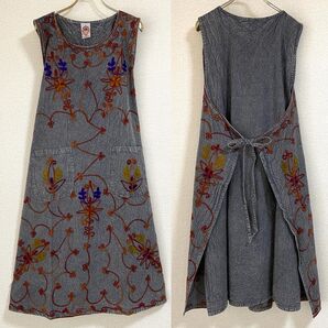 未使用タグ付◆インド綿【刺繍エプロンドレス】ロングワンピース風 体型カバー フリーサイズ おしゃれ No59