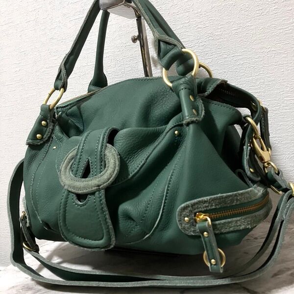 美品 ビュレ BEAURE レザー 2way ショルダーバッグ グリーン