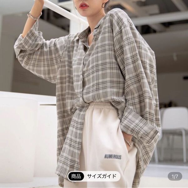 DAZY チェック柄ドロップショルダー オーバーサイズシャツ、長袖トップス M