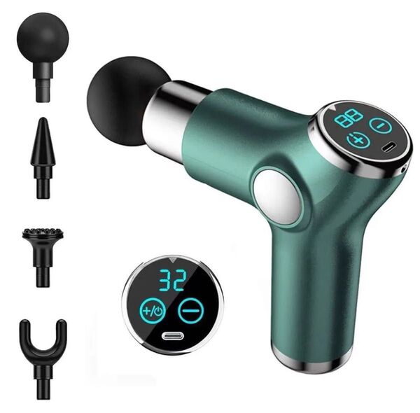 筋膜リリースガン MINI 32段階振動強力振動 筋膜ガン 4個ヘッド付属 Type-C充電式 軽量460g 携帯便利 緑