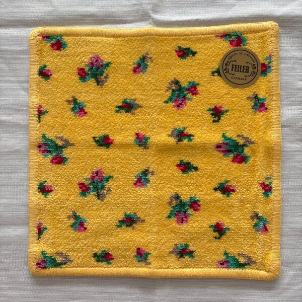 未使用品 フェイラー リアローズ プティ ハンカチ シェニール織 20cm イエロー系 花柄 シュニール織 タオルハンカチ