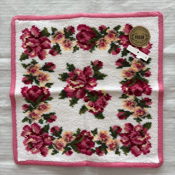 未使用品 フェイラー ハンカチ FEILER バラ ローズ 花柄 シェニール織 薔薇 タオルハンカチ シュニール織り 白 ピンク系