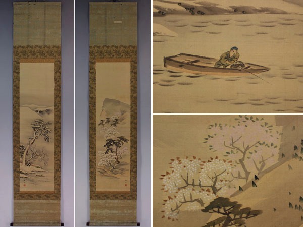 Rare [authentique] Maruyama O-Ryu [deux rouleaux, paysage de printemps et d'hiver] ◆Soie◆Boîte combinée◆Parchemin suspendu w06080, Peinture, Peinture japonaise, Paysage, Vent et lune