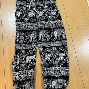 エスニック柄 サルエルパンツ ブラック系