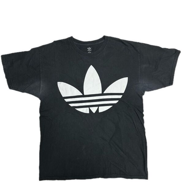 【Used】adidas アディダス ビッグロゴプリント クルーネックTシャツ L 黒 ブラック メキシコ製 古着