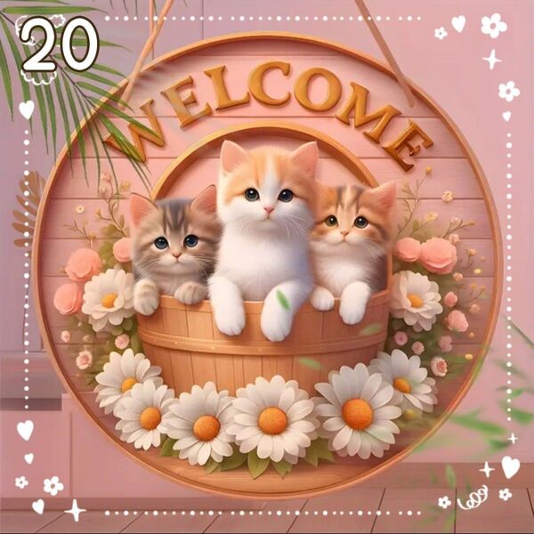 20cm 仔猫 YM フラワーリース ウェルカムボード ピンク ウォールアート ウォールデコレーション 木製