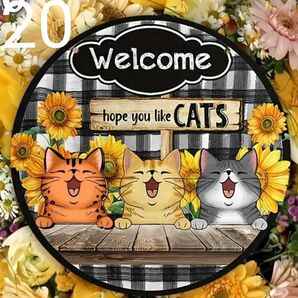 20cm YM ひまわり 猫 の ウェルカムボード 木製 ウォールアート ウォールデコレーション カフェ 玄関 吊り下げ