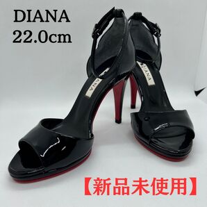 【新品未使用】DIANA パンプス ハイヒール フラワーカット エナメル 黒 オープントゥ ストラップ 22.0cm