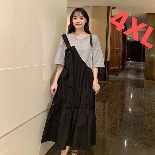 レディース ロングワンピース 半袖 重ね着風 大きいサイズ LWFA037