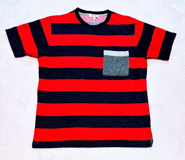 GLOBALWORK 半袖ポケットTシャツ メンズL レッド×ネイビー(ボーダー柄)