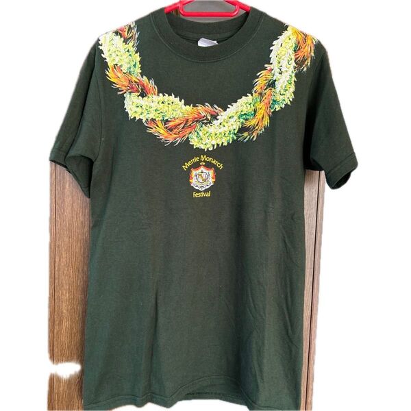 ハワイ古着◆2004年製◆Sサイズ→バスト幅48【モスグリーン×レイプリント 半袖Tシャツ 】綿 コットン100%