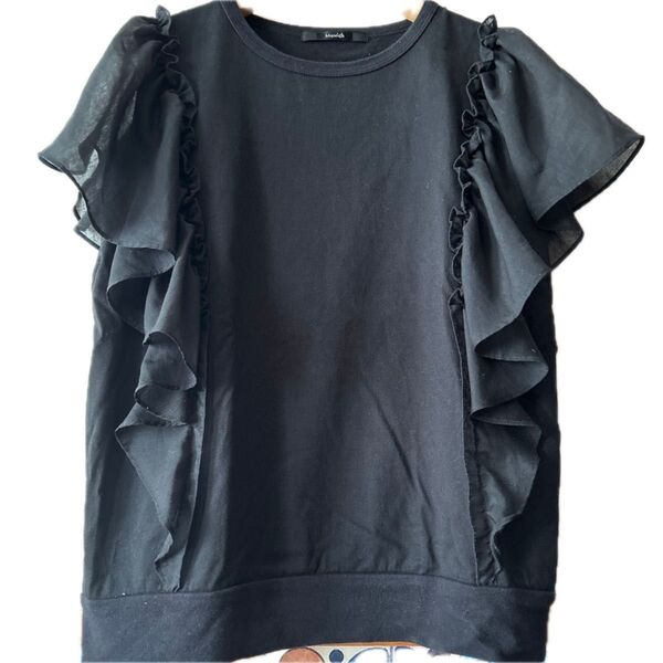 16000円位◆日本製【MuNich】レディース【ブラック×フリル袖 綿 コットン カットソー Tシャツ 】