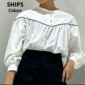 SHIPS Colors TCパイピングプルオーバーブラウス ホワイト 長袖 シャツ