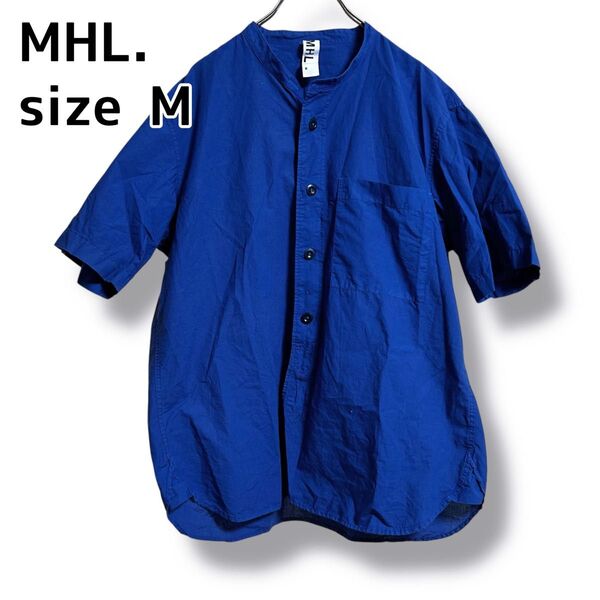 MHL エムエイチエル コットン リネン 半袖シャツ バンドカラー M ブルー