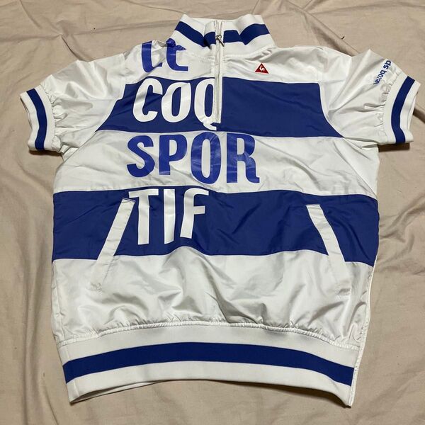 美品 coq sportif ハーフジップ半袖シャツ ホワイト/ブルーMサイズレディースゴルフウェア