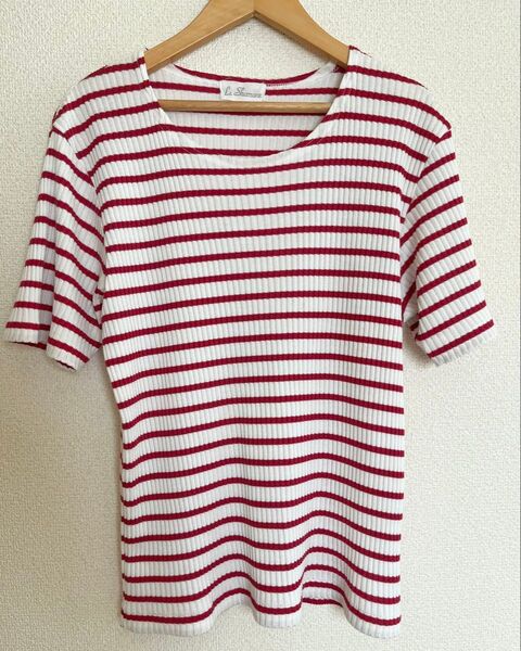 半袖 ボーダー柄 カットソー Tシャツ ボーダー トップス ニット サマーニット 薄手 tシャツ 赤 白