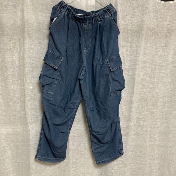 デニム カーゴパンツ ウエストゴム ゆったり ブルー
